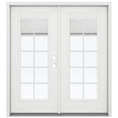 a white double door with blinds on the side