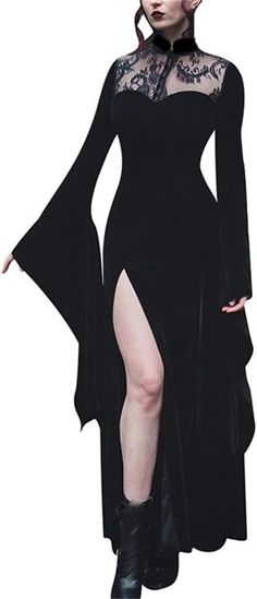 Amazon.com: Insgoth Gothic Victorian Maxi Dresses Long Bell Sleeve Slit Goth Dress Renaissance Steampunk Black Medieval Witch Alt Vampire : Clothing, Shoes & Jewelry Morticia Addams, Punk Dress, Gowns With Sleeves, Goth Outfits, Halloween Dress, Solid Dress, Costume Dress