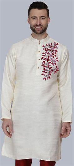 Blue color Kurta in Bhagalpuri Silk fabric with Embroidered, Thread work White Handloom Kurta For Eid, White Handloom Straight Kurta, White Long Sleeve Handloom Traditional Wear, Festive White Handloom Kurta, White Handloom Kurta For Navratri, White Art Silk Straight Kurta, White Handloom Kurta For Diwali, Multicolor Embroidered Art Silk Kurta, White Handloom Kurta For Puja