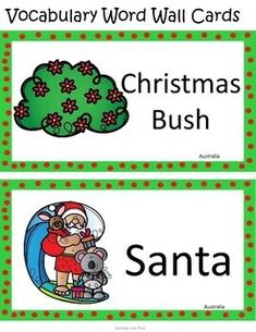 two christmas word wall cards with santa and the tree