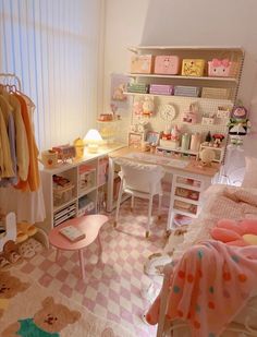 a bedroom with pink and white checkered flooring, teddy bears on the wall