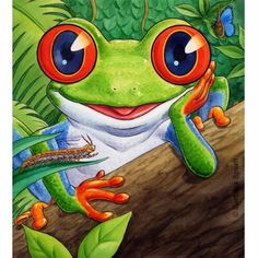 a painting of a frog sitting on a branch in the jungle with its eyes wide open