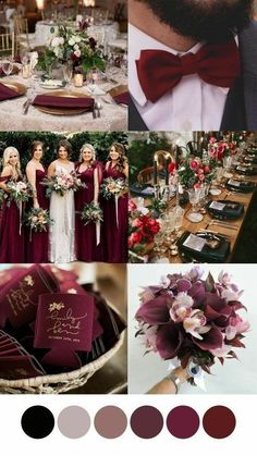 a collage of burgundy and gold wedding colors