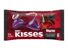 herss vampire kisses chocolate candy bar with red and purple decorations on the wrapper