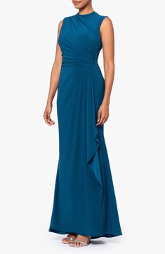 Ruching at the waist creates the artfully draped silhouette of a stunning sleeveless gown that's ready for your next occasion. 62" length (size 8) Hidden back-zip closure Jewel neck Sleeveless Lined 95% polyester, 5% spandex Dry clean Made in the USA of imported fabric