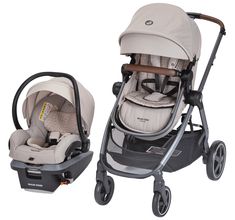 the stroller and infant car seat are both facing each other, one is beige