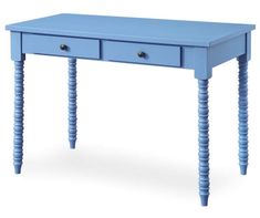 a blue table with two drawers on one side and an open drawer on the other