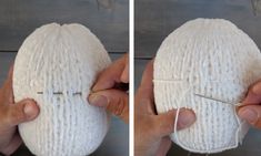 two pictures of someone holding an object in their hands with needles and yarn on it