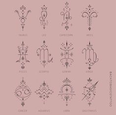 the zodiac symbols are drawn in black ink on a light pink background, with stars and swirls