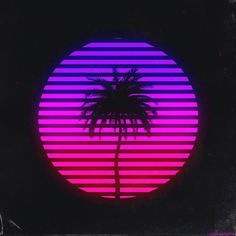 a palm tree in front of a purple and pink background with horizontal stripes on it