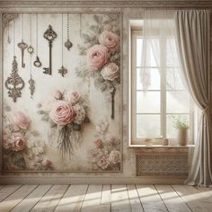 a room with flowers on the wall and keys hanging from it's sides, in front of a window