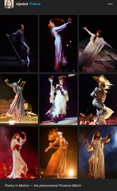 many different pictures of women in dresses on stage with one woman holding her arms out to the side