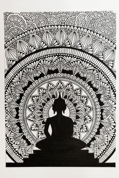 a black and white drawing of a person sitting in front of a circular design on paper