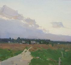 an oil painting of a country road in the middle of a field with houses and clouds