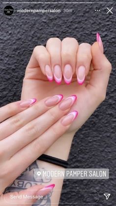 Source Pink French Tip Nails, Pink Tip Nails, Pink French Tip, Nails Yellow, French Pink, Pink French, Almond Acrylic Nails, Tip Nails, Pink Nail