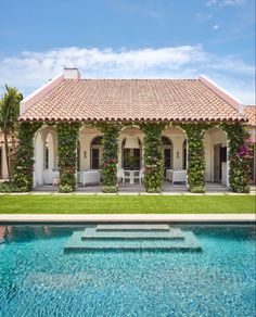 a house with a pool in front of it