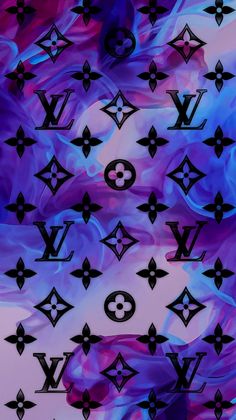 an abstract painting with black and purple designs on it's sides, including the letter v