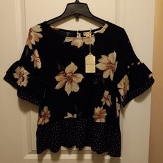 Nwt Hem & Thread Blouse Black With Pink Floral & Polka Dot Ruffle Accents, Boutique Style, Size Medium, Poly, Hand Wash, Sf/Pf Feminine Black Floral Print Top, Spring Black Flowy Blouse, Black Flowy Blouse For Spring, Feminine Black Top For Brunch, Flowy Black Top With Floral Print, Flowy Black Blouse, Boutique Style, Floral Color, Blouse Black