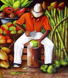 an oil painting of a man sitting on a bench next to fruit and bamboo stalks