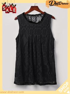 Relaxed Fit Round Neck Sleeveless Floral Lace T-shirt Stretch Lace Sleeveless Tank Top, Stretch Lace Top Sleeveless Tank Top, Stretch Sleeveless Tank Top With Lace, Black Sleeveless Lace Top, Stretch Lace Sleeveless Tops, Casual Sleeveless Stretch Lace Top, Black Sleeveless Lace Top For Summer, Casual Stretch Lace Sleeveless Top, Casual Stretch Sleeveless Lace Top