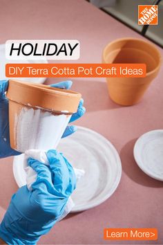 a person in blue gloves is holding up a potted plant with the words holiday diy terra cota pot craft ideas