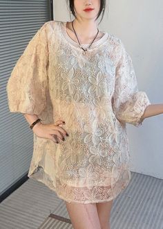 Fashion Apricot O-Neck Side Open Lace Shirt Half SleeveFabric: LaceSize & Fit: Fit: This garment fits true to size.Length: Size L measures 29.25"from shoulder to hemBust: Great for any cup size. Waist: Loose Fit. Comfortable room throughout midsection.Hip: Loose Fit - room for hips. Hand Wash Cold. Spring Oversized Crew Neck Blouse, Free Size Short Sleeve Casual Tops, Casual Short Sleeve Tops Free Size, Casual Long Sleeve Free Size Blouse, Casual Free Size Long Sleeve Blouse, Casual Short Sleeve Free Size Tops, Casual Free Size Short Sleeve Tops, Beige Stretch Crew Neck Blouse, Casual Free Size V-neck Tops