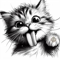 a black and white drawing of a cat with its mouth open showing it's teeth