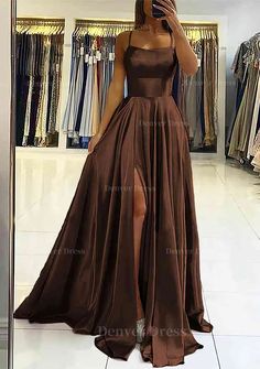 A Line Square Neckline Sleeveless Satin Sweep Train Prom Dress Outfits For Women With Pleated Prom Dress With Pockets, Sweep Train Prom Dress, Dark Red Dresses, Prom Dresses With Pockets, Red Dresses Classy, Pink Homecoming Dress, Wedding Dresses With Flowers, Corset Dress Prom, Mermaid Bridesmaid Dresses