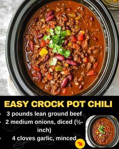 Easy Crock Pot Chili Beef Chili Recipe Crockpot, Easy Crock Pot Chili, Chili Recipe Crock Pot, Ground Beef Chili Recipe, Easy Crockpot Chili, Easy Chili Recipe Crockpot, Crock Pot Chili