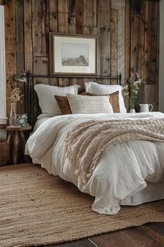 a large bed sitting in a bedroom next to a wooden wall