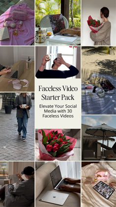 a collage of photos with people and flowers on them, including an open laptop