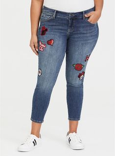 Disney Minnie Mouse Patch Ankle Skinny Jean, DISTANT LANDS Plus Size Disney, Cropped Boyfriend Jeans, Floral Leggings, Active Leggings, Active Hoodie, Disney Outfits, Plus Size Jeans, Grey Hoodie, Pullover Sweatshirts