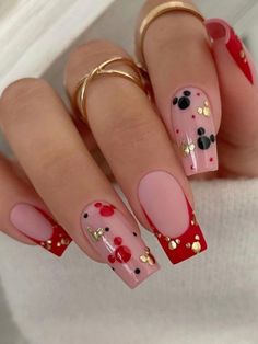 Red French Tip Nails: 45+ Stylish Designs and Ideas Mickey Mouse Nails, Minnie Mouse Nails, Mickey Nails