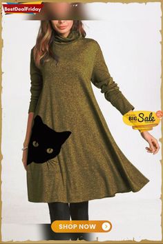 Cat Print Long Sleeve A-line Dresses Long Shift Dress, Full Sleeves Dress, Women's A Line Dresses, Dresses Casual Winter, Animal Print Fashion, A Line Dresses, Long Sleeve Print Dress, Midi Dress Casual, Cotton Bottoms