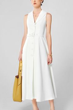 White A-line Maxi Dress With Buttons, Modern A-line Maxi Dress For Spring, Chic A-line Sleeveless Dress With Buttons, Sleeveless Buttoned Dress For Spring Formal, Spring Formal Sleeveless Dress With Buttons, Formal Sleeveless Dress With Buttons For Spring, Chic Structured White Dresses, Chic White Structured Dress, A-line Belted Dress For Casual Occasions