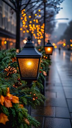 christmas lights are lit up on the street