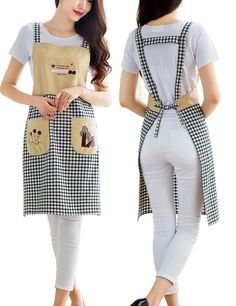 two women wearing aprons and overalls, one with an animal patch on the back