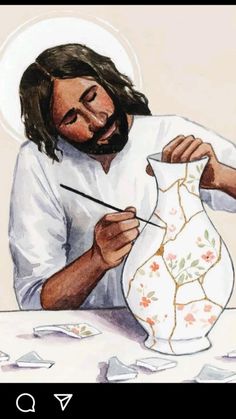 a painting of jesus holding a vase with paintbrushes in his hand and looking at it