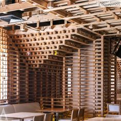 an empty restaurant with wooden walls and tables