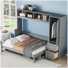 a bed sitting under a book shelf next to a wall mounted cabinet with shelves on each side