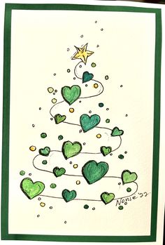 a christmas card with green hearts and a star on top, in the shape of a tree