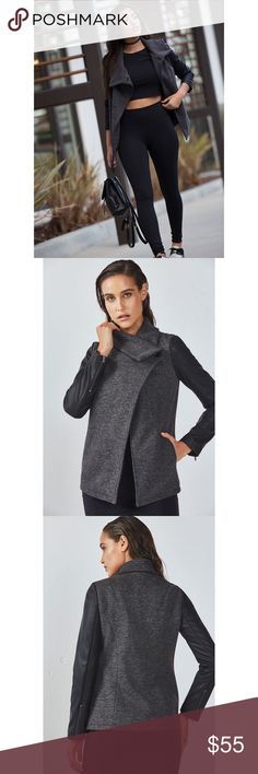 Fabletics Milano Coat with Faux Leather Sleeves. Milano coat from Fabletics. Cozy fleece fabric. Faux leather sleeves. Robbed collar. Hits at low hip. “This faux leather-sleeve coat lets you cover up in the coolest way possible. Its stand-up ribbed collar and cozy, fleece fabric are what cold-weather dreams are made of. French Terry. Our loopback terry is cut from rich cotton for a luxe finish, ideal for warm-weather ensembles.” Fabletics Jackets & Coats Leather Sleeves, Leather Sleeve, Fleece Fabric, Warm Weather, French Terry, Cold Weather, Stand Up, Black And Grey, Cover Up