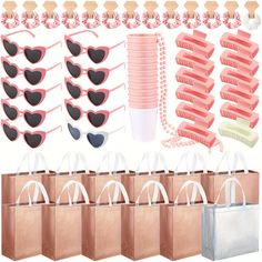 an assortment of sunglasses and other accessories are arranged on a white background, including pink tote bags