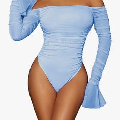 New Women's Ruched Mesh Off Shoulder Long Sleeve Skinny Tee Bodysuit Top. Soft Fabric Has Some Stretch Features: Bell Sleeve, Off Shoulder, Ruched, Snap Crotch, Bodysuit. No Mesh Suitable For Dating, Street, Night Out, Weekend, Party And Casual Dailywear Perfect To Dress With Skirt, Shorts, Suit Pants, Pants And Jeans Please Refer To Size Guide Carefully Before Purchasing At Below Description. Never Worn. See Model For Fit. Blue Long Sleeve Bodysuit For Club, Blue Fitted Lined Bodysuit, Fitted Blue Bodysuit With Lined Body, Fitted High Waist Blue Bodysuit, Fitted Long Sleeve Ruched Bodysuit, Light Blue Stretch Bodysuit, Light Blue Stretch Swimwear For Party, Fitted Blue Ruched Swimwear, Blue Fitted Ruched Swimwear