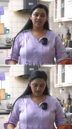 two pictures of a woman in the kitchen