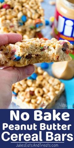 no bake peanut butter cereal bars with text overlay