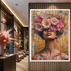 For a 5-panel set, if available, choose Gallery Wrap in either 60 x 32 inches or 80 x 40 inches. Golden Petals Hair Canvas Print Elevate your living space with the exquisite 'Golden Petals Hair' canvas print. This stunning artwork harmonizes pink and golden hues, capturing the tranquil beauty of a woman adorned with floral embellishments. The elegant design creates an inviting ambiance, making it the perfect centerpiece for any room. Design and Details - Vibrant Colors: The delicate blend of pin Hair Canvas, Feminine Wall Art, Flower Painting Canvas, Gold Canvas, Artist Collective, Feminine Art, Subtle Elegance, Elegant Frame, Floral Abstract