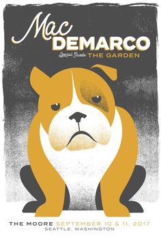 the poster for mac demarco's upcoming show, featuring a dog with an angry