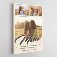 a mother's day card with three photos and the words mom on it in black