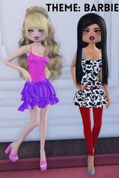 two barbie dolls standing next to each other in front of a wall with the words theme barbie